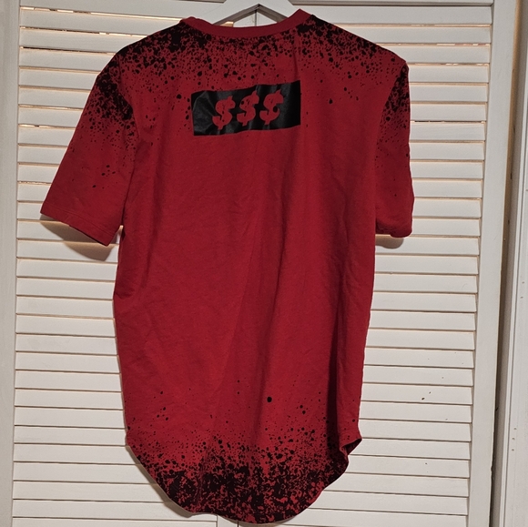 HUSTLE T-Shirt by Upstanders with $$$ back, distressed slits & long bottom Sz S - Picture 3 of 8